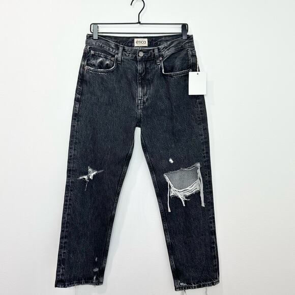 Etica Rhea Midrise Straight Crop Jean Smokey Mountain NWT Black Distressed 27 - Picture 3 of 10